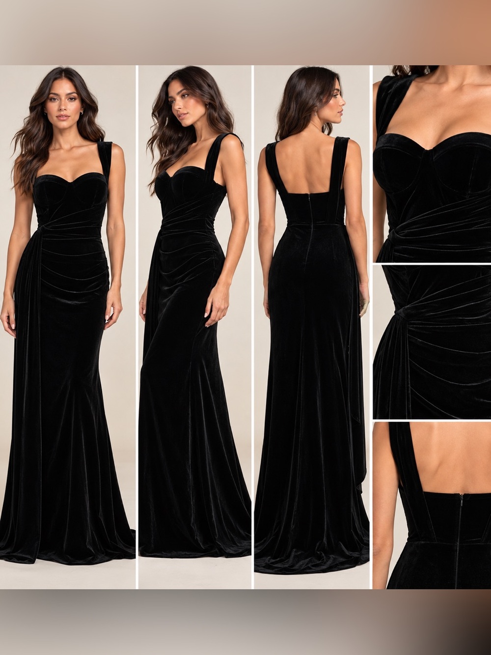 Black Velvet Sweetheart Ruched Draped Formal Maxi Gown Dress S NWT